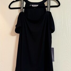 Jennifer Lopez Black Cold-Shoulder Tank with Embellished Straps